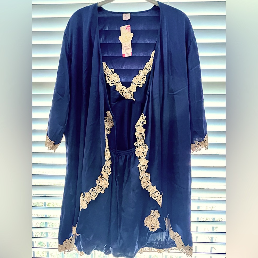 3-piece navy satin loungewear with lace trimming. Unused with tags.